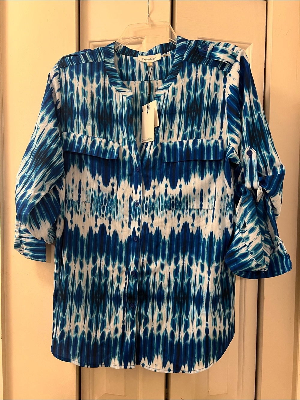 Calvin Klein Blue & White Tie-Dye Button Front Tunic